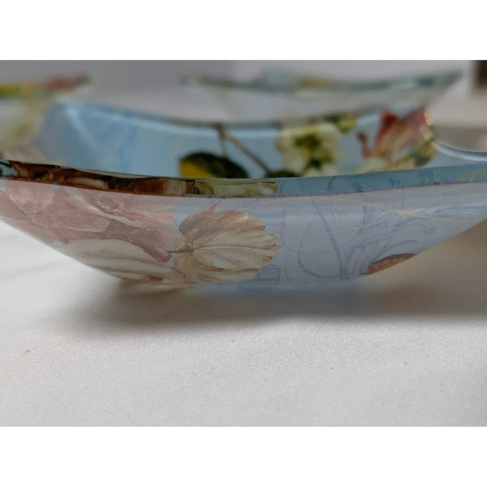 Set of 3 Lisa Audit Glass Trinket Dishes Floral Bird Butterfly Square Blue